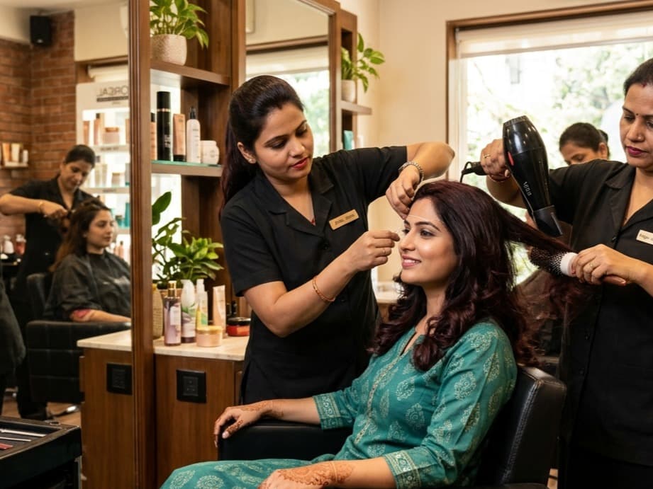 Global Hair Colour/Root Touch Up + Hair Wash + Blow Dry+ Threading (Eyebrow and Upper Lips)
